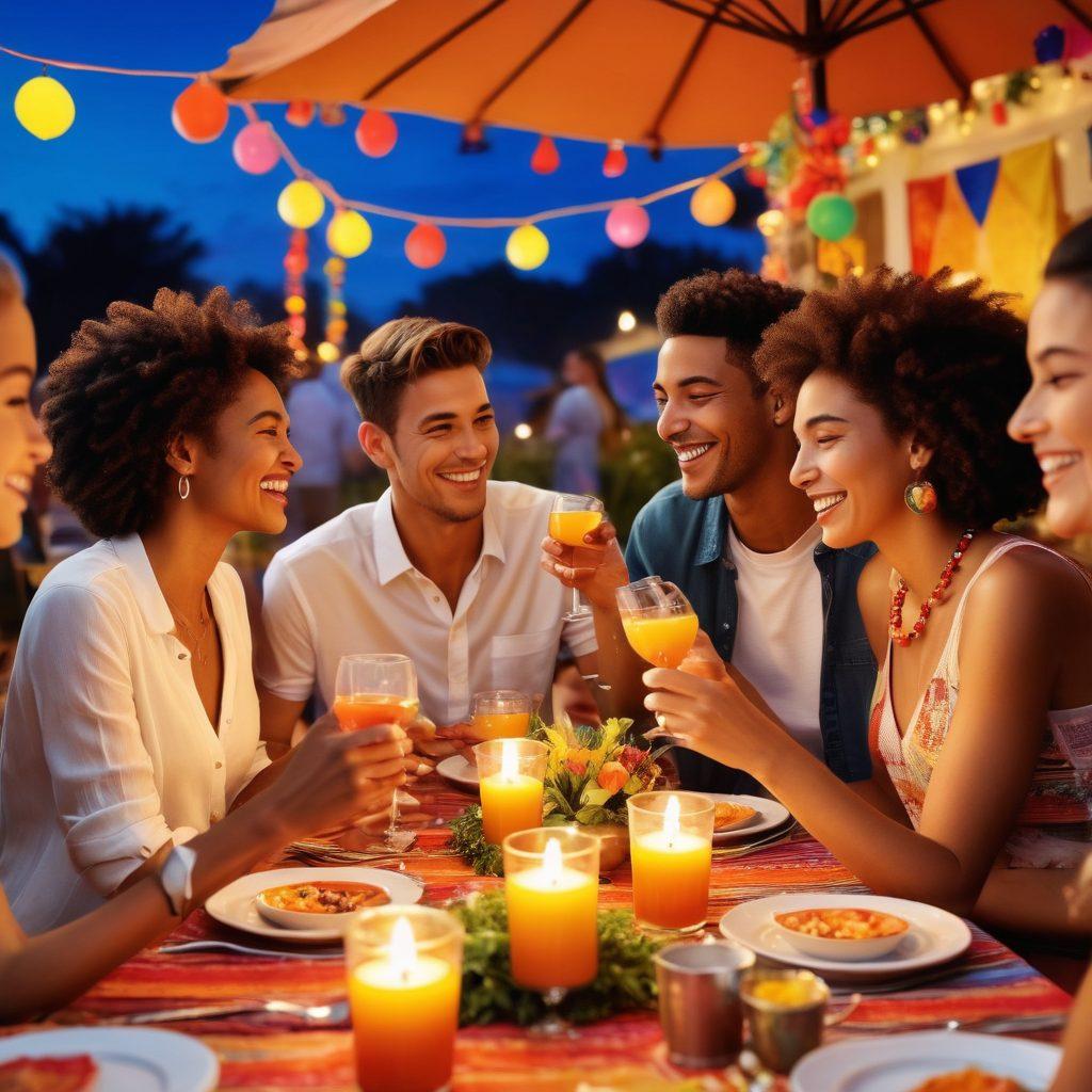 A diverse group of friends enjoying a lively gathering, surrounded by love and camaraderie, with colorful decorations and enticing exclusive deals displayed prominently. Include symbols of membership perks like discounts and special invitations, evoking a sense of belonging and celebration. The background should feature a warm sunset, enhancing the feeling of warmth and community. vibrant colors. super-realistic.