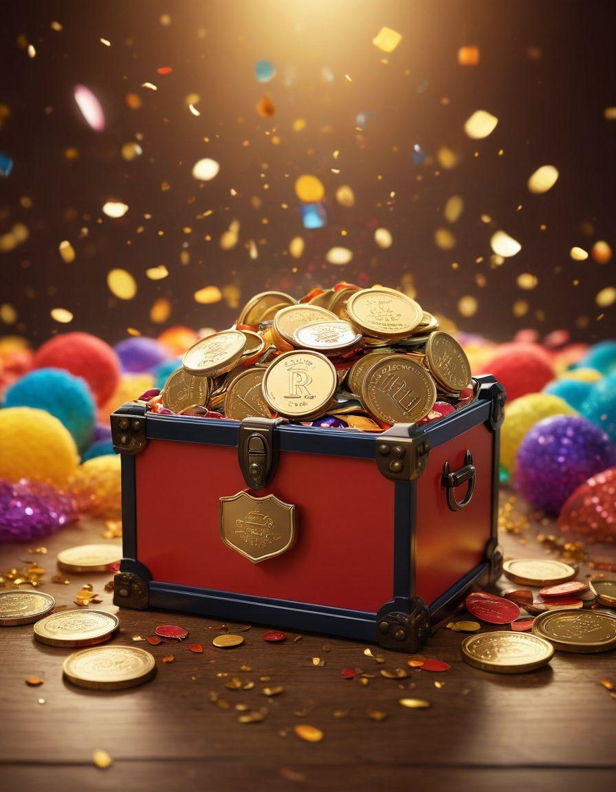 A vibrant, inviting scene depicting a diverse group of happy members celebrating their loyalty with badges and rewards in hand. Include elements like a treasure chest overflowing with gold coins symbolizing benefits, a glowing loyalty card, and colorful confetti in the air. The background should feature a modern, sleek environment with soft lighting that enhances the sense of community and celebration. super-realistic. vibrant colors. warm tones.