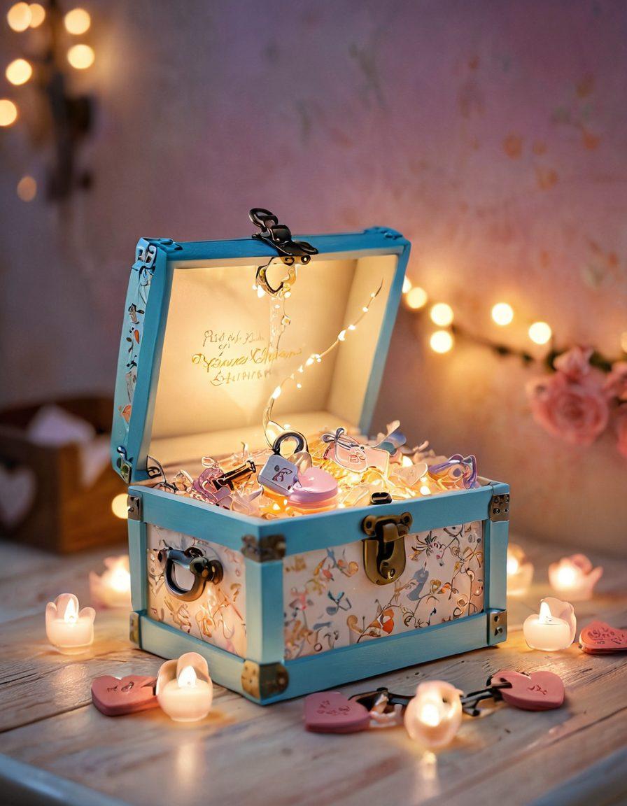 A heart-shaped key unlocking a shimmering treasure chest filled with unique membership perks like exclusive events, cozy gatherings, and love letters swirling around. Soft lights and pastel colors reflecting warmth and connection. In the background, silhouettes of couples sharing joyful moments. whimsical and dreamy atmosphere. vibrant colors. super-realistic.